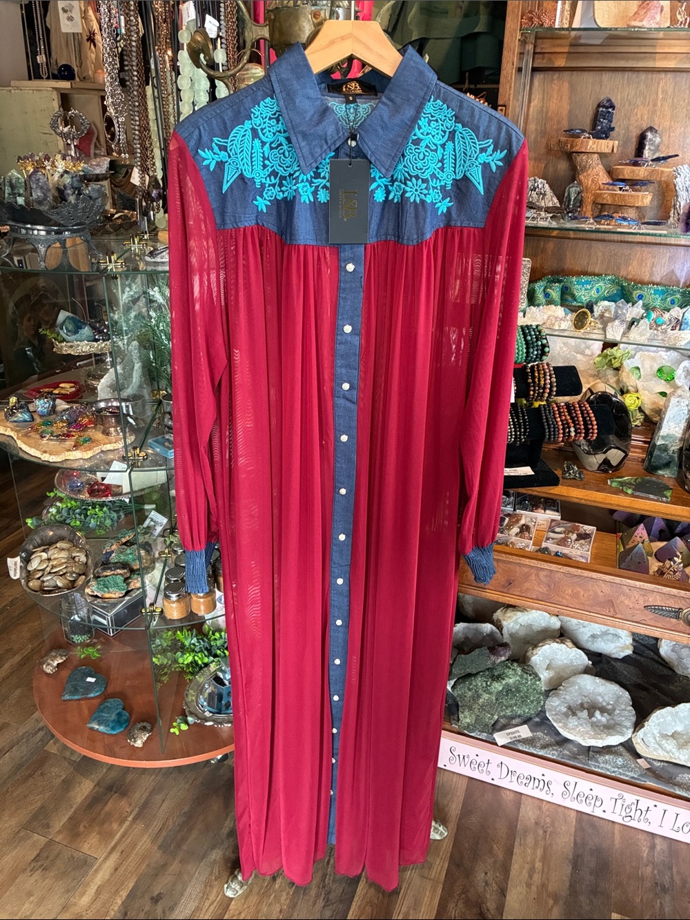 Boho Sheer Longline Shirt Dress - Red with Blue Embroidered Yoke - Picture 2 of 3